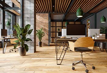 office space with wooden accents