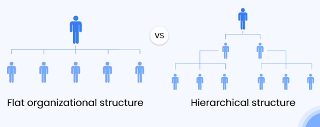 While a hierarchical structure is a tiered system, a flat structure is more lateral.