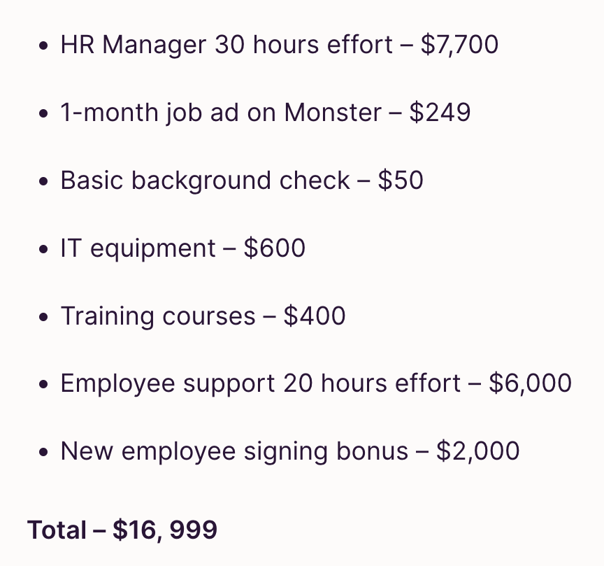 Breakdown of new employee costs