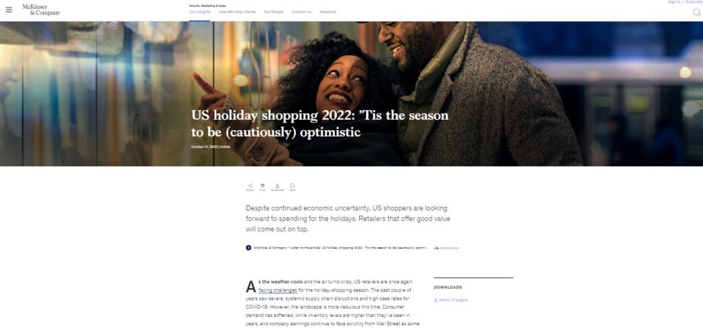 Screenshot of McKinsey’s 2022 US Holiday Shopping report blog recap.
