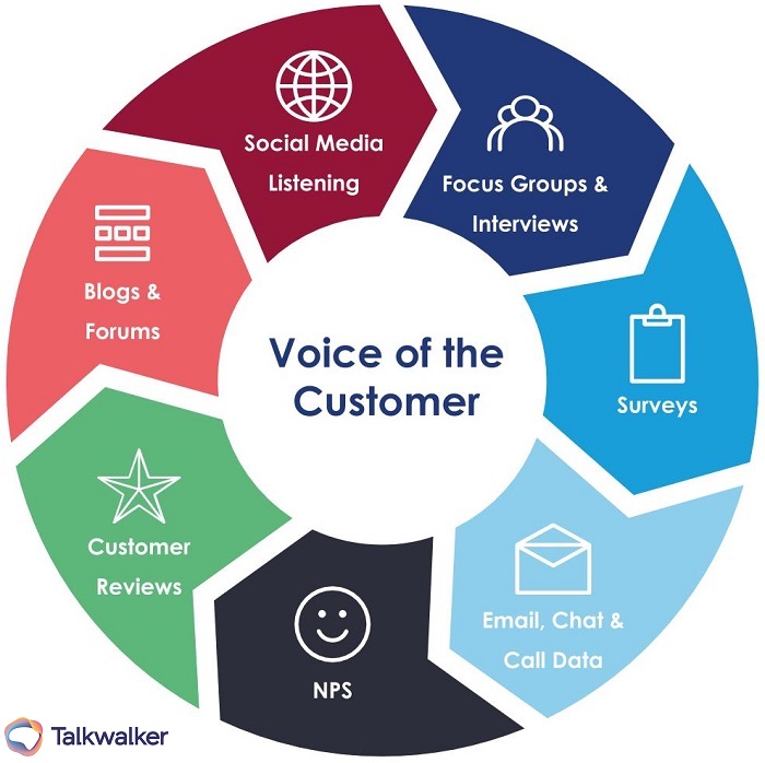 Circular graphic showing the various sources included in voice of the customer research.