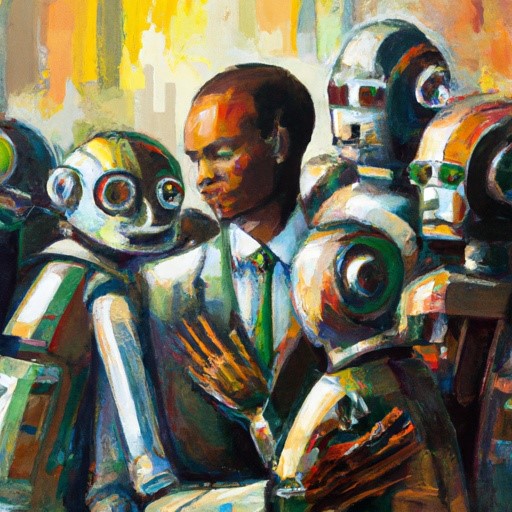 Painting of AI robots surrounding a business man