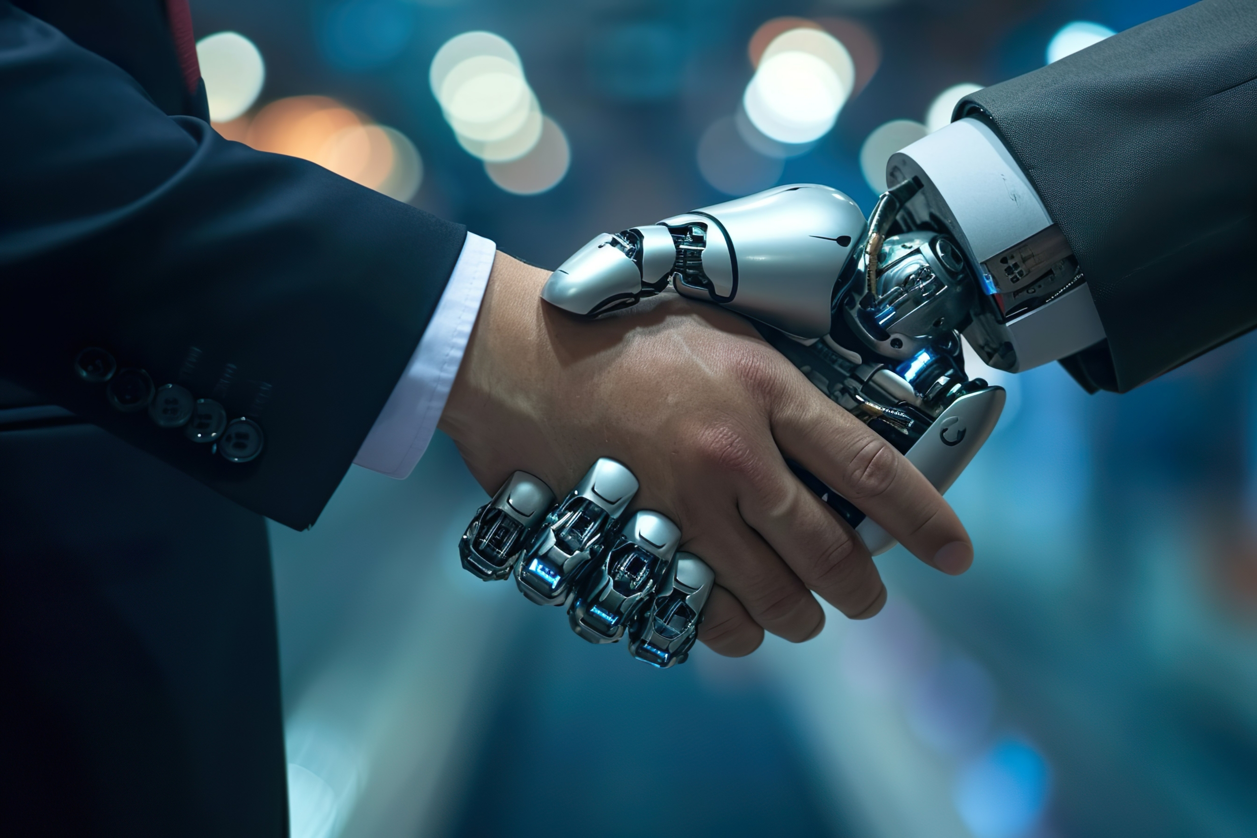 AI tools vs the human touch, human shaking hands with robot