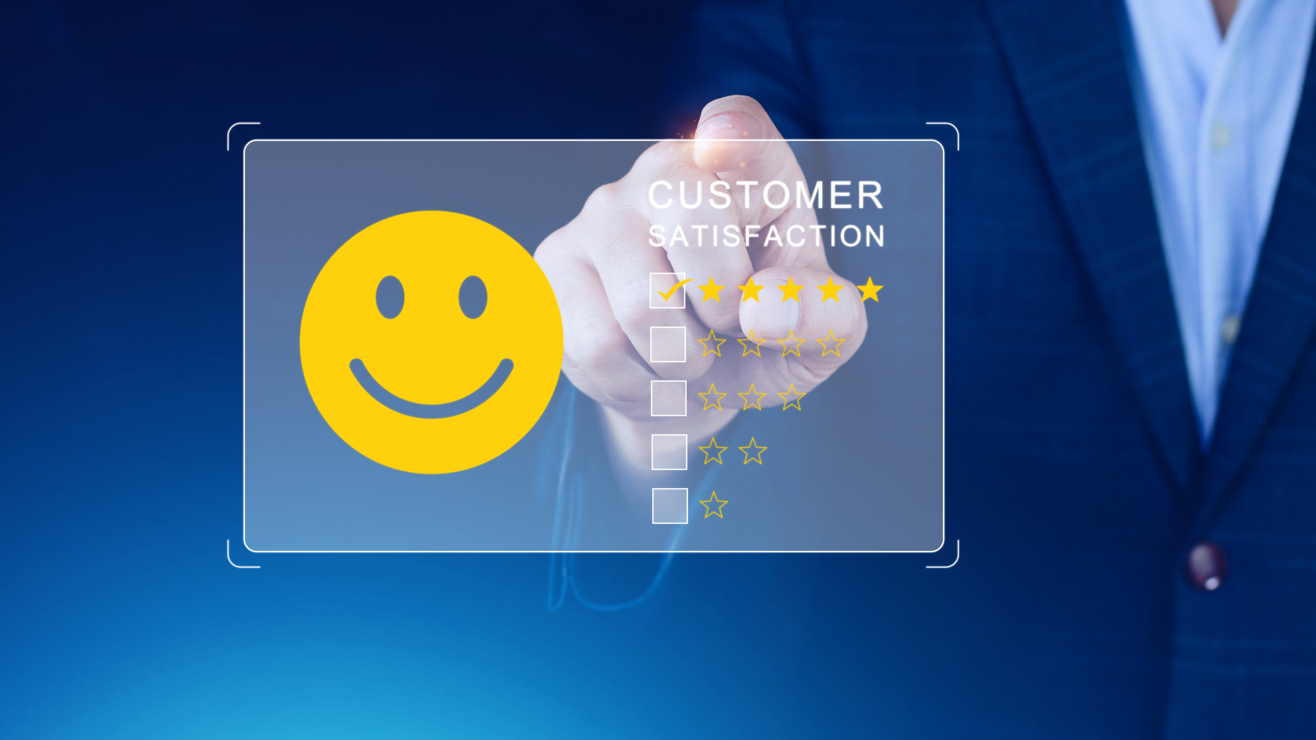 Image of a man in a professional suit pointing to a smiling face symbolizing customer satisfaction