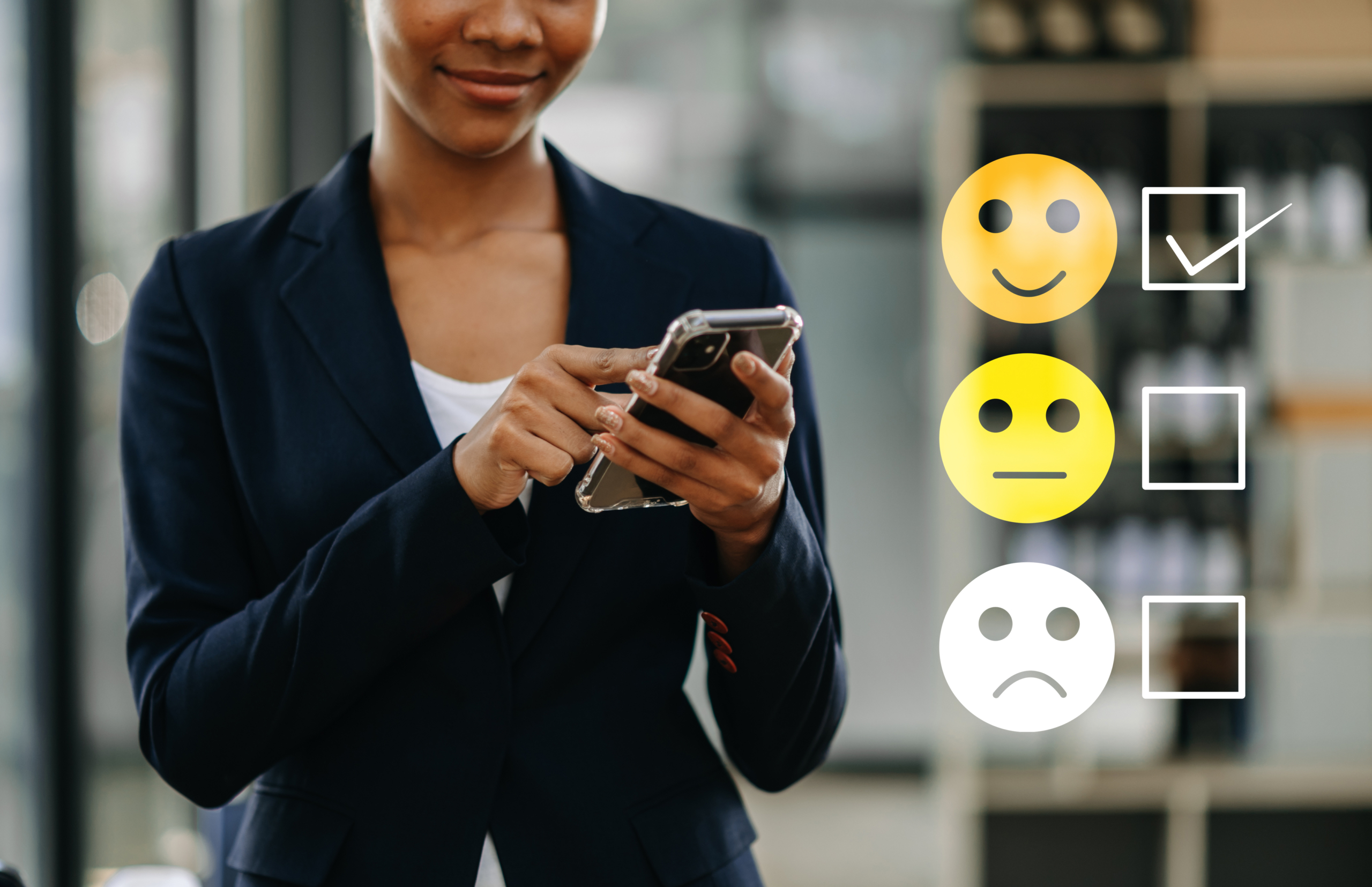 Woman using a phone with superimposed customer experience rating symbols