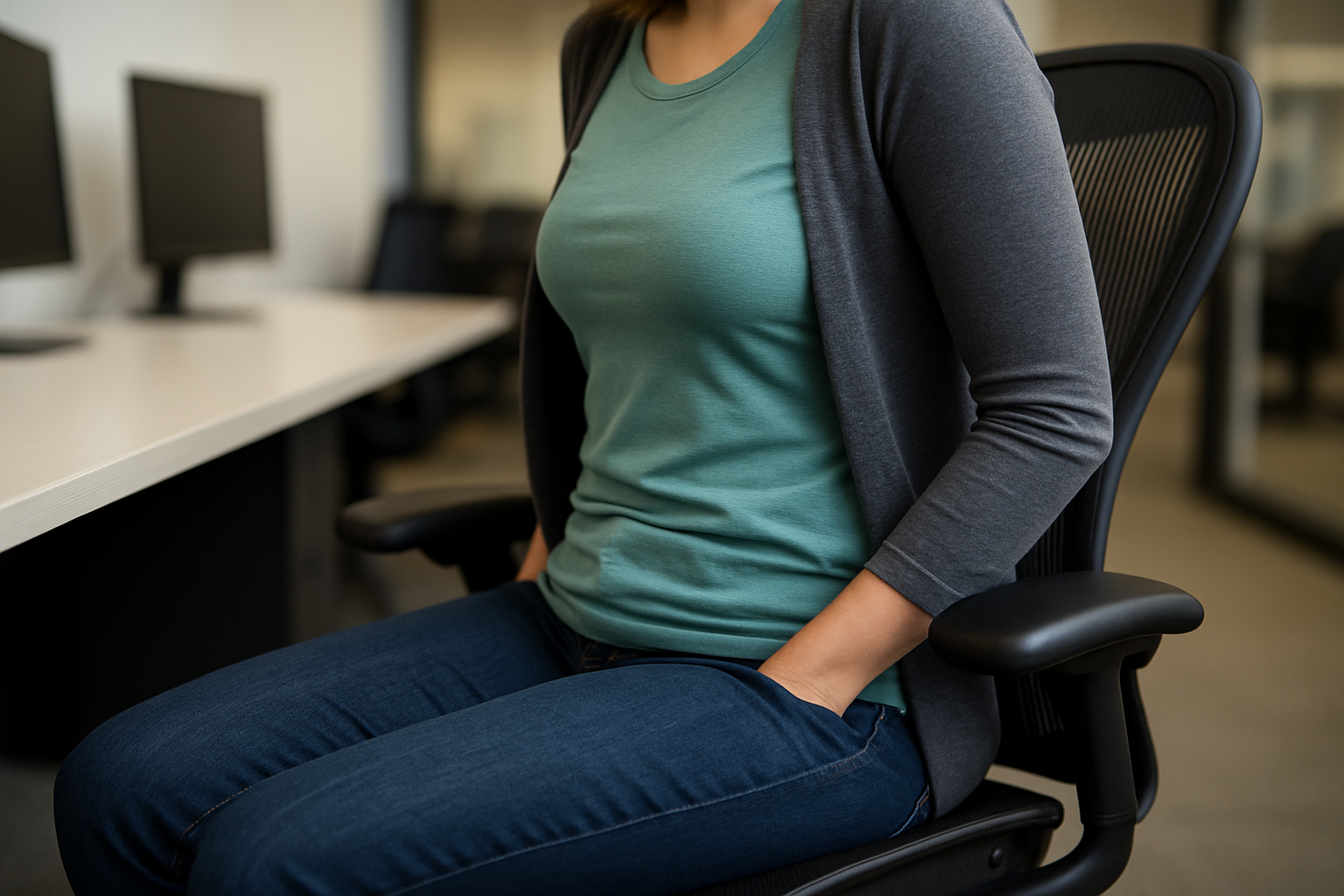 A woman in an office setting sits on her hands while in a chair, symbolizing self-control and restraint. The image reflects the article’s theme that authenticity without self-awareness—“you do you”—can create friction, and true impact comes from adjusting behavior for connection and collaboration.