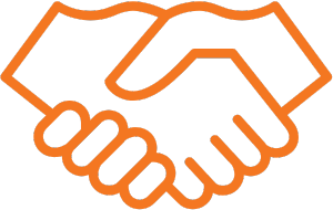 Orange handshake icon symbolizing Televerde’s purpose-driven work that builds partnerships and creates positive social impact.