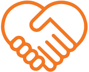 Orange handshake heart icon representing Televerde’s leadership culture built on trust, collaboration, and purpose-driven impact.