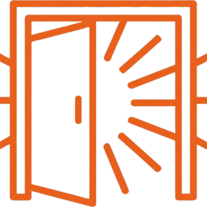 Orange open door icon symbolizing Televerde’s incarcerated programs that create opportunity, empowerment, and career pathways after release.